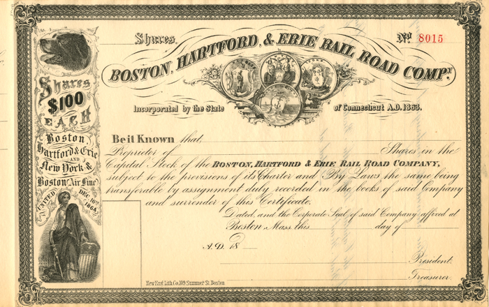 Boston, Hartford, and Erie Rail Road Co. - Unissued Railway Stock Certificate
